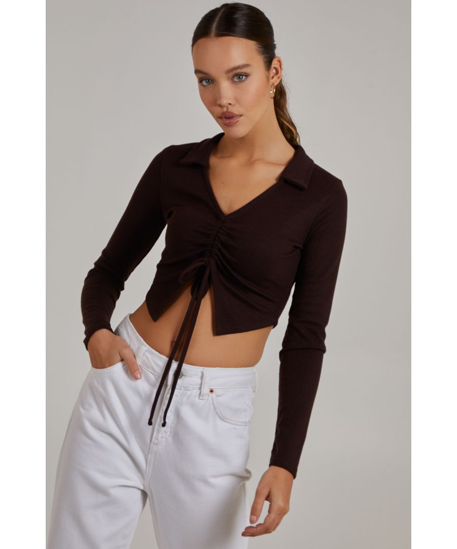 Pink Vanilla Womens Long Sleeve Gathered Rib Top - Chocolate - Size Large
