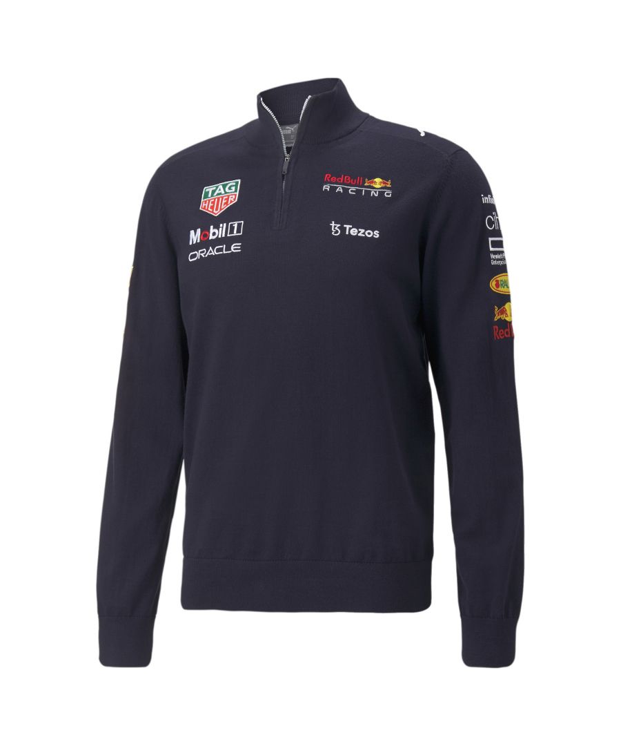 PRODUCT STORY With iconic Red Bull Racing colours and branding reflecting the fast-paced excitement of the Formula 1 racing, you'll be making a bold style statement both on and off the track. Made using sustainably sourced cotton, you'll feel as cool and comfy as you look. Shift your outfit up a gear. DETAILS Regular fitHalf-zip necklineLong sleevesPrinted Red Bull Racing logoPrinted team partner logosPrinted PUMA Cat Logo