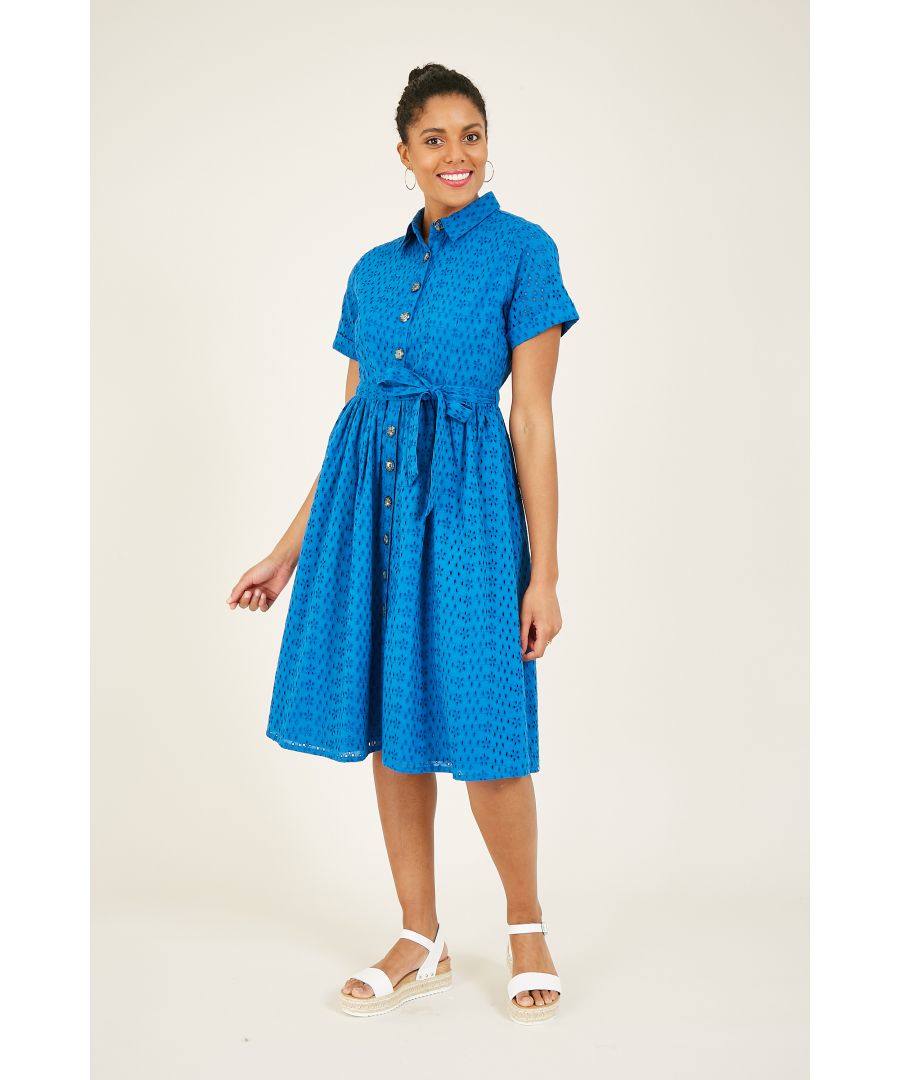 This Yumi Cotton Broderie Anglaise Skater Dress is the perfect piece to enhance your summer wardrobe. Expertly crafted from natural cotton for a lightweight and soft touch, it's refreshed into a broderie anglaise style that's on-trend for the season. Cut to a classic fit and flare shape, a self-tie waist accentuates your profile, while the short sleeves lend a versatile edge. The shirt collar offers a smart touch, matched by the buttons running down the front. For weekends, wear with sandals and a crochet bag for a high impact finish.  Shell:100% Cotton, Lining:100% Cotton Machine Wash At 30 Length is 103cm-40.5inches