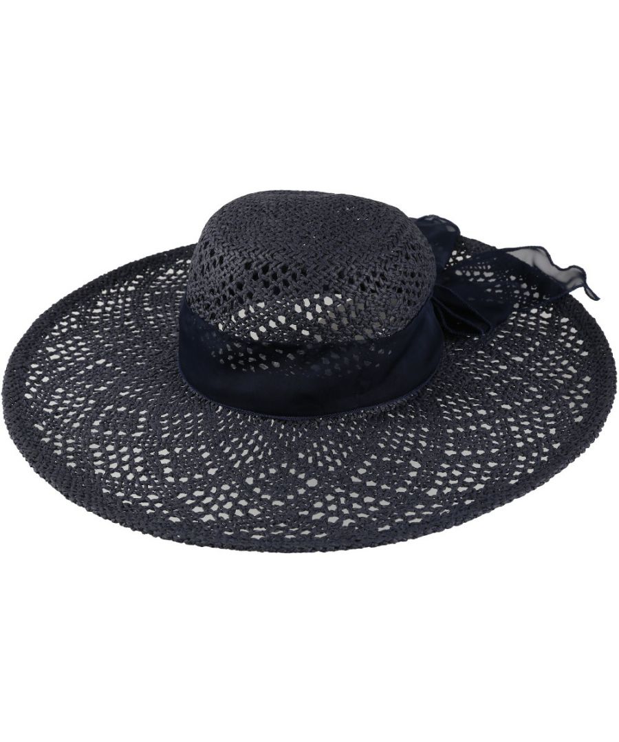 Floppy wide-brimmed sun hat with a chic open-weave design and ribbon band detailing.\nMade from featherweight woven paper. Perfect for lounging by the poolside or exploring the city.