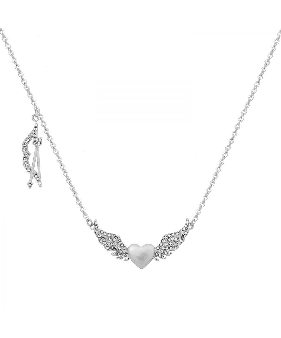 Our Kate Thornton good vibes Silver plated necklace features a hanging bow and arrow charm with stunning pave crystals. The cute bow and arrow crystal charm symbolises good luck, lightness, fun, freedom, and new beginnings. Similarly, the Angel Wings represent protection, guidance through your own journey of life, and spiritual uplifting. A real feel good addition to your Autumnal outfits! Silver tone necklace measures 15 inch long with lobster clasp and 6cm extender chain.