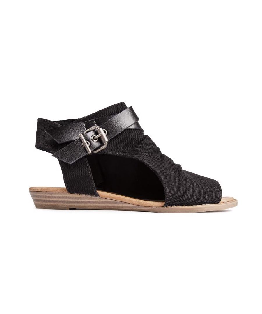 Womens black Blowfish balla 4 earth sandals, manufactured with cotton and a synthetic sole. Featuring: adjustable strap, comfort insole, inside zip and wood veneer side sole.