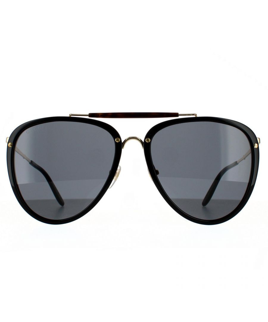 Gucci Aviator Mens Shiny Black and Gold Grey Sunglasses - One Size