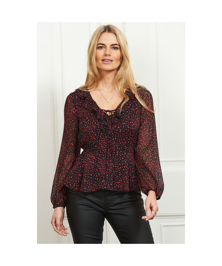 Image for Black & Red Heart Print Ruffle Detail Top
