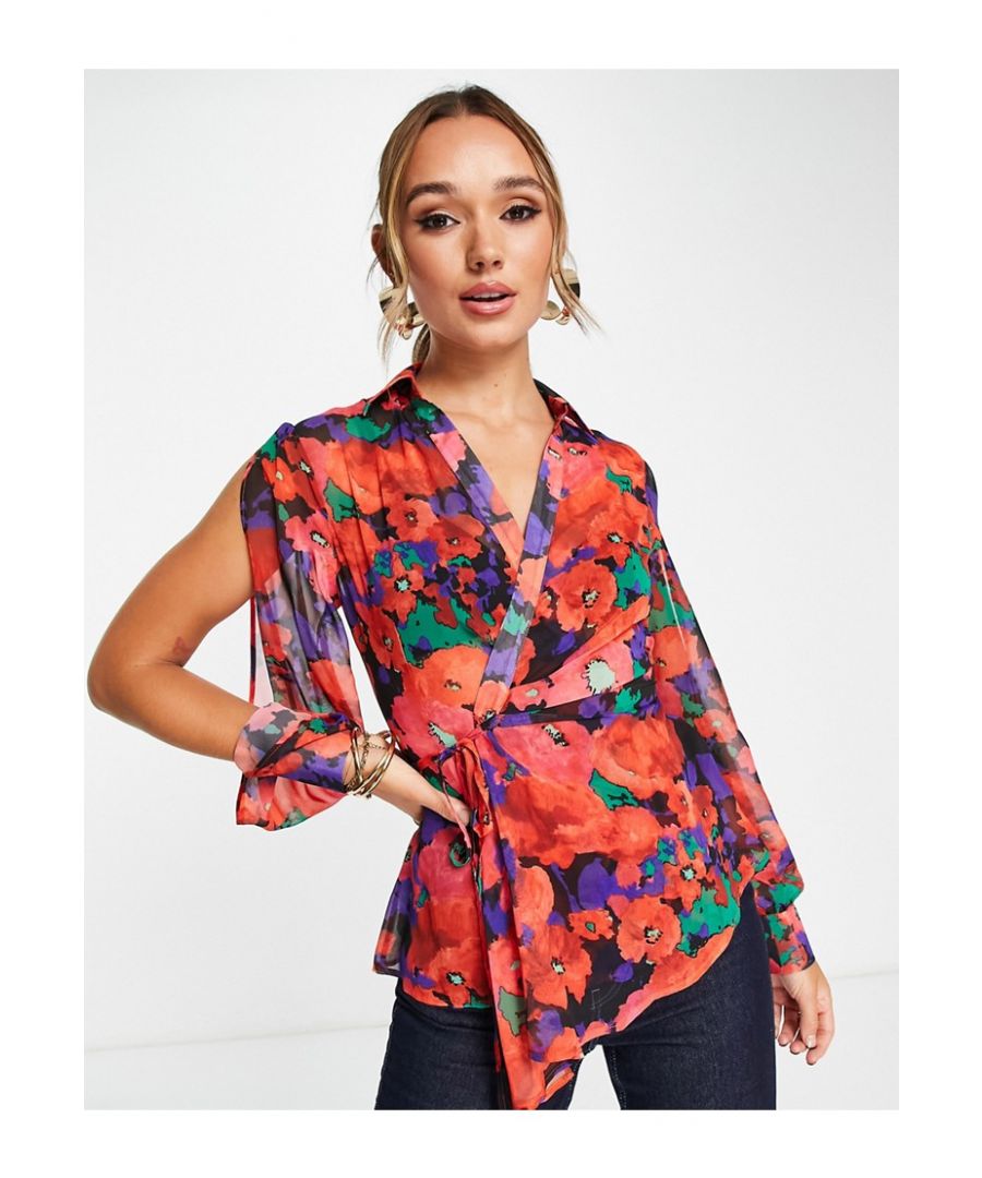 Tops by ASOS DESIGN Love at first scroll Floral design Wrap front Split sleeves Buttoned cuffs Regular fit Sold by Asos