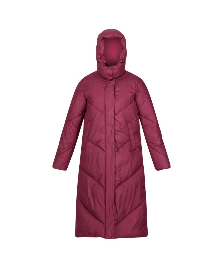 Material: 100% Polyester. Filling: Faux Down. Design: Logo, Quilted. Fabric Technology: Insulating, Water Repellent. Neckline: Hooded, Standing Collar. Sleeve-Type: Long-Sleeved. Cuff: Storm Cuff. Hood Features: Grown On Hood. Length: Longline. Pockets: 2 Lower Pockets, Concealed Zip, Snap Fastening, 1 Inner Pocket. Fastening: Full Zip, Snap Closure. Sustainability: Made from Recycled Materials.