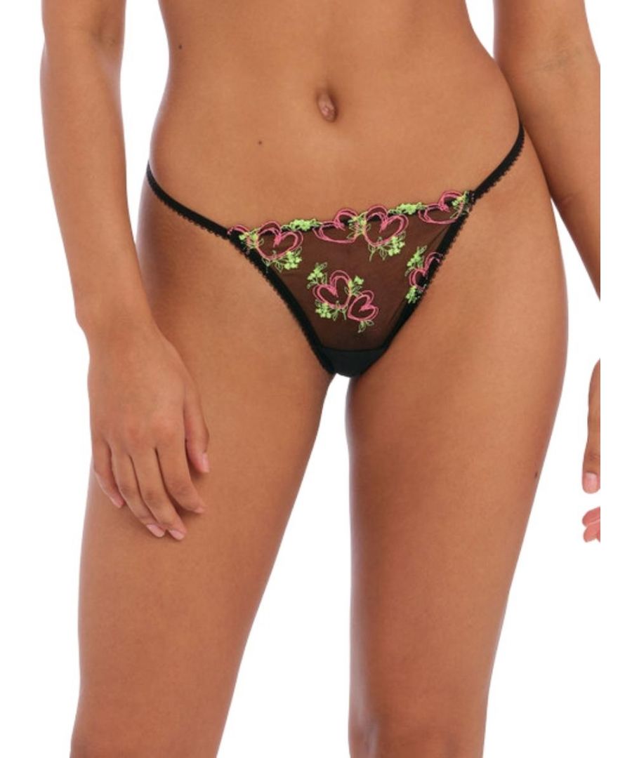 Freya Loveland Thong. With floral embroidery and string sides and back. Product is made of 59% Nylon/Polyamide, 16% Elastane, 25% Polyester and is recommended hand-wash only.
