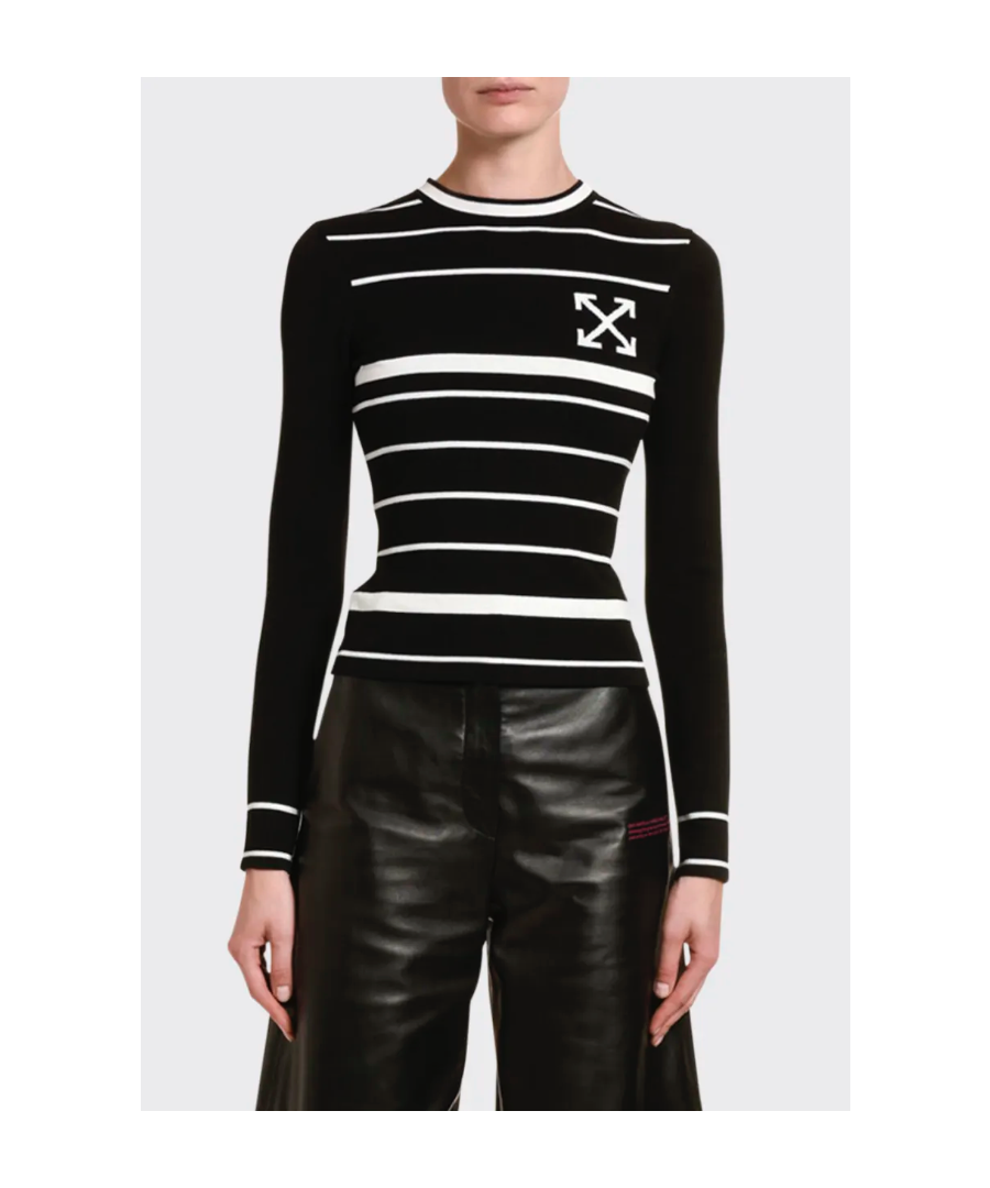 , soft long-sleeved sweater, horizontal striped texture of different sizes. Made in Italy