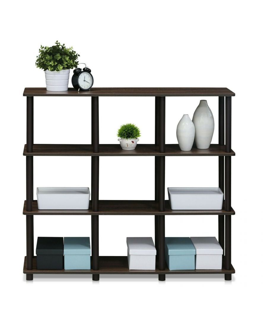 - Furinno Turn-N-Tube 9 Space Shelf is perfect for your office or living area. \n- This model is designed to fit in your space, style and fit on your budget. \n- The main material is medium density composite wood. \n- The open shelf design allows you to display more memorabilia, photos, books.\n- All the materials are manufactured in Malaysia and comply with the Green rules of production.