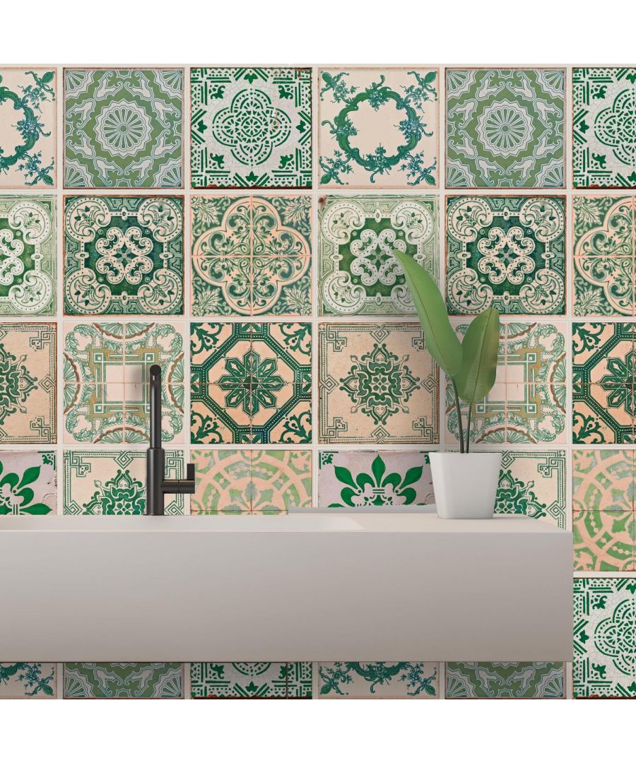 - Green pattern of azulejo was inspired by the vintage Spain tile art. The graceful combination of green and grey pattern bring you to the old town of Spain, as if the Mediterranean sun was just by your side.\n- To apply, just peel and stick onto any clean, flat surfaces like wall, furniture or as window screen, and you are good to go! Easy to install and to remove without leaving a trace.\n- Can be easily trimmed / cut to fit.\n- Package Contains: 24 pieces of stickers 15 x 15 cm Coverage area: 0.54 square meters.