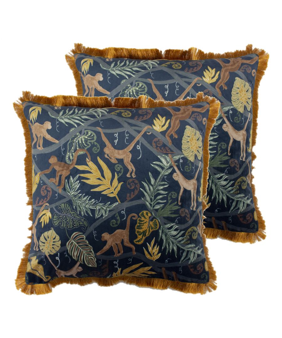 Bring “♫ i wanna be like you ♫” to life with this stylish and exotic velvet cushion. Featuring a playful, exquisite print of monkeys, vines and tropical palms – this bold cushion is an eye-catcher. The rich midnight blue background allows the funky print to stand out alongside the fringed edging. This design is certainly a showstopper and would be a great feature to any décor.