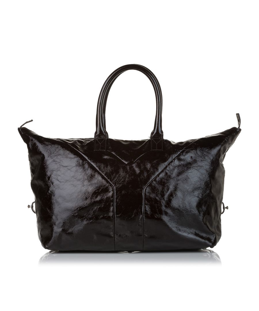 VINTAGE. RRP AS NEW. The Easy Y tote bag features a patent leather body, rolled leather handles, a two way top zip closure, and interior zip and slip pockets.Exterior handles are cracked.\n\nDimensions:\nLength 32cm\nWidth 40cm\nDepth 15cm\nHand Drop 18cm\nShoulder Drop 18cm\n\nOriginal Accessories: Dust Bag\n\nColor: Brown x Dark Brown\nMaterial: Leather x Patent Leather\nCountry of Origin: France\nBoutique Reference: SSU158441K1342\n\n\nProduct Rating: GoodCondition\n\nCertificate of Authenticity is available upon request with no extra fee required. Please contact our customer service team.