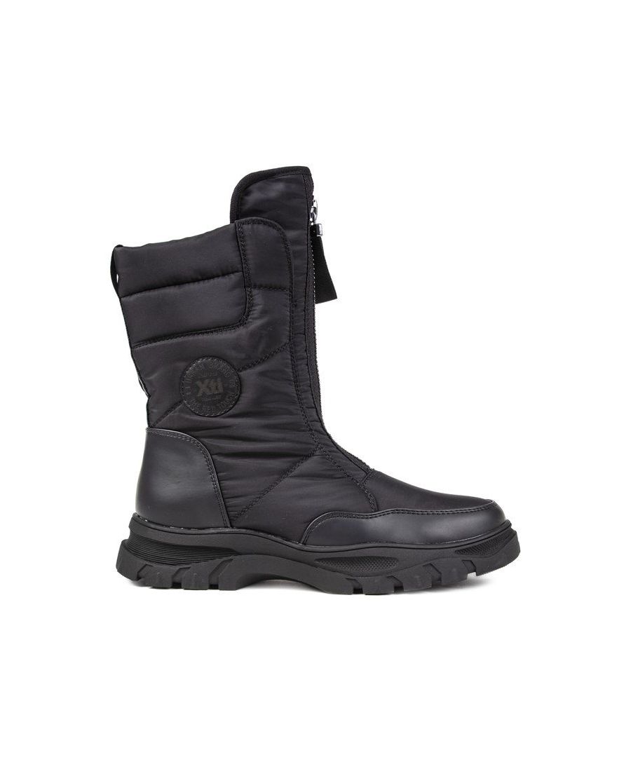 Black Xti 43513 Zip-up Ankle Boots With Padded Nylon Upper Featuring Front Zip, Synthetic Mudguard And Heel Pad, Branded Side Logo And Textile Heel Pull Tab. These Snow Boots Have A Soft Faux Fur Lining, Reinforced Heel, And Chunky Synthetic Sole With Rugged Tread For Stability And Comfort.