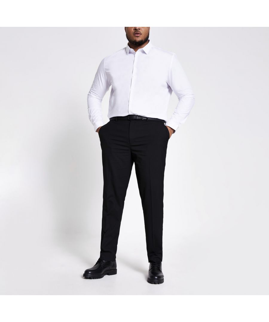> Brand: River Island > Department: Men > Material Composition: 64% Polyester 34% Viscose 2% Elastane > Material: Polyester > Type: Trousers > Style: Chino > Size Type: Big & Tall > Fit: Slim > Pattern: No Pattern > Occasion: Formal > Season: AW17 > Rise: Mid (10-12 in) > Closure: Concealed > Leg Style: Straight > Features: Pockets > Front Type: Flat Front