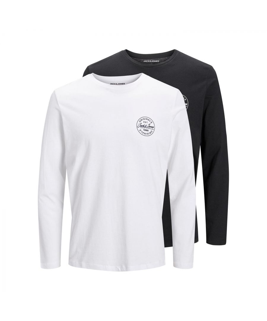 Jack & Jones Mens Logo Casual T-shirt Long Sleeve - Black/White Cotton - Size X-Large