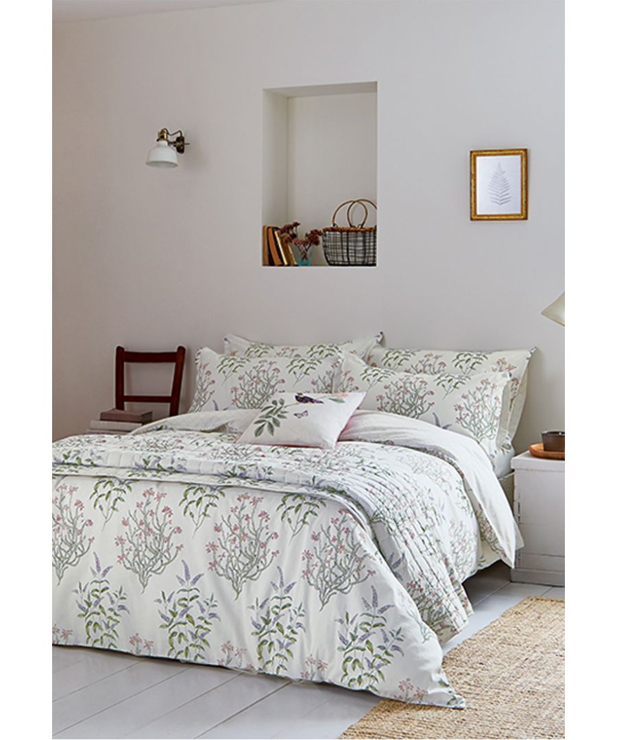 Create a sanctuary of calm with this 100% cotton bedding set from Sanderson Options. Adorned with an all-over delicate floral motif placed on an Ivory ground, the duvet, which is available in four sizes, has a small-scale textured geometric reverse. Oxford pillowcases are included in sets. Build layers of comfort with a quilted bedspread in the same design as the duvet and finish with an accessory cushion, printed with a floral, bird and butterfly design. Embroidered accents add textural detail to the cushion which comes in a lovely Foxglove colourway. Made in Pakistan.