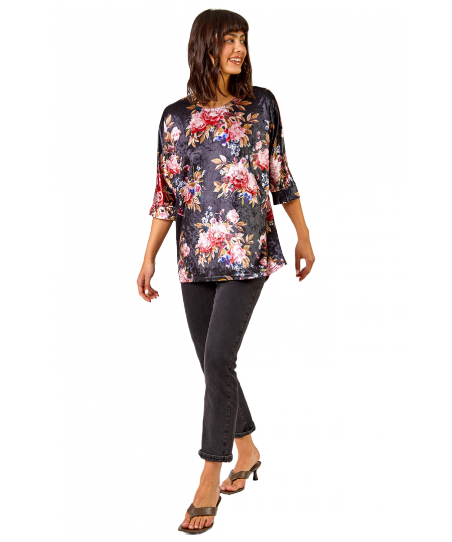 Roman Womens Floral Print Velvet Top - Black - Size 10 UK