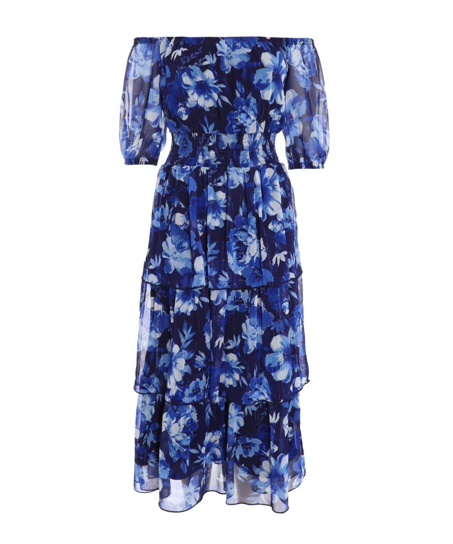 Quiz Womens Navy Chiffon Floral Bardot Midi Dress - Blue - Size 10 UK