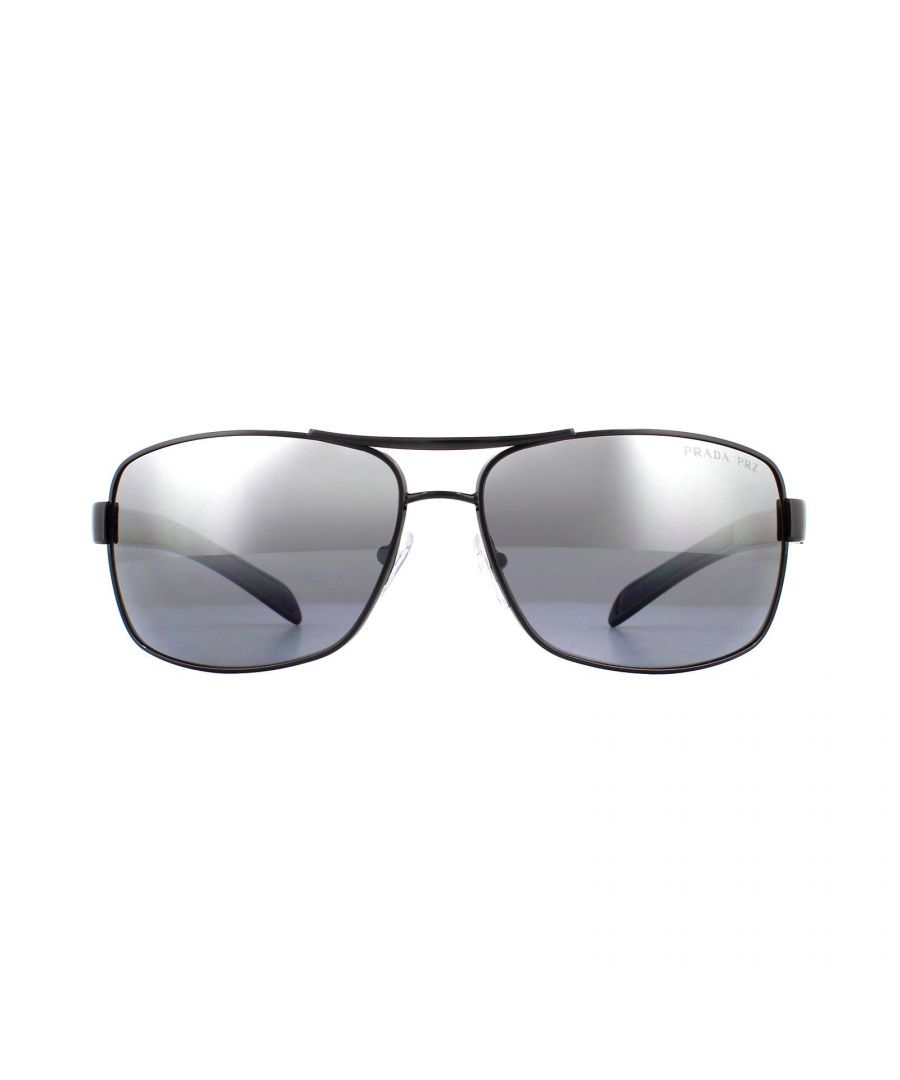 Prada Sport Sunglasses 54IS 1AB2F2 Black Rubber Grey Mirror Silver Gradient Mirror are a superb flattened aviator shape with a nice wrapped curve to the frame to hug the face close. The Prada red line of course features on the top of the arm that blends superbly the metal frame and acetate arms.