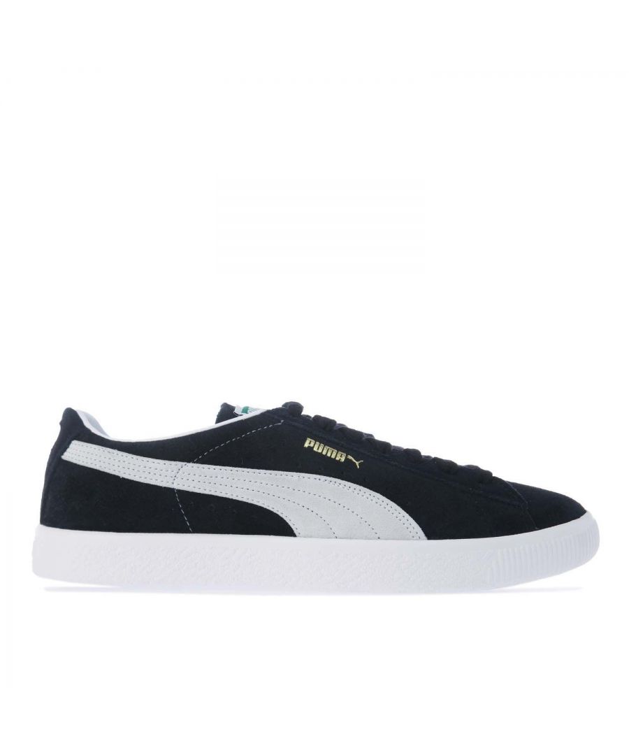 Puma Suede VTG Trainers in black- white.- Leather and Suede upper.- Lace fastening.- Round toe.- Classic PUMA Formstrip down the sidewalls.- Branded insole.- Rubber outsole.- Leather and Suede Upper  Leather Lining  Synthetic Sole.- Ref:37492105