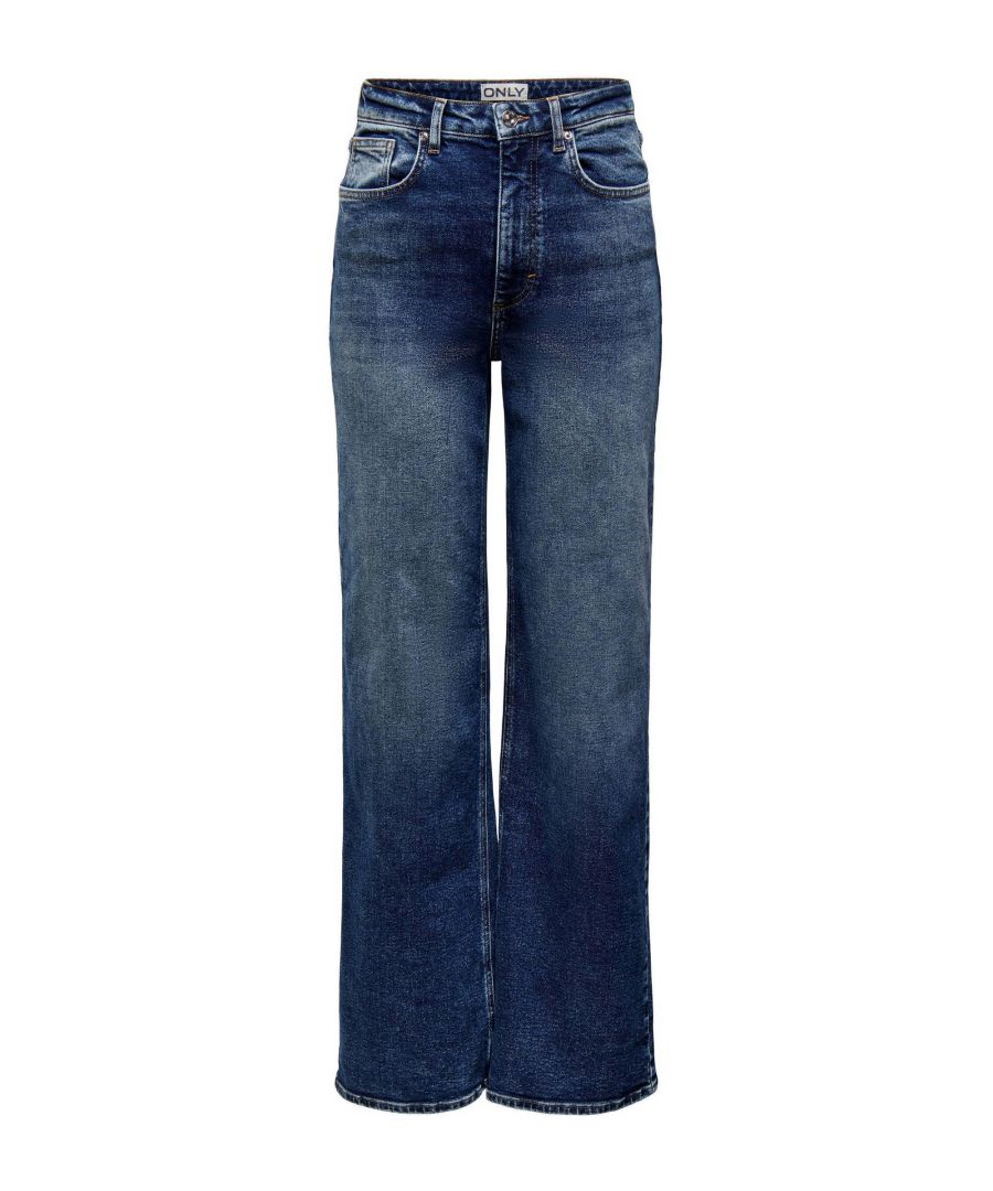 Deze wide leg fit jeans voor dames van ONLY is gemaakt van stretchdenim. Dit 5-pocket model heeft een hoge taille en heeft een rits- en knoopsluiting.details van deze jeans:stijlnaam: ONLJUICY5-pocket