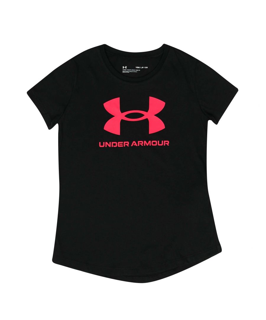 Junior Girls Under Armour Sportstyle T- Shirt in black.- Crew neck.- Short sleeves.- Printed branding.- Light  soft  and quick-drying.- Super-soft  cotton-blend fabric provides all-day comfort.- Dropped  shamed hem.- 60% Cotton  40% Polyester.- Ref: 1361182003A