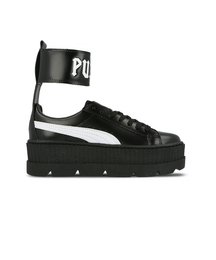 The FENTY Puma Ankle Strap Sneaker is something new in the sneaker world. Popstar Rihanna and Puma have collaborated on this collection taking classic school uniforms and dismantle them.\n\nThis classic cream Creeper gets a special treatment with an ankle strap with big PUMA and FENTY branding also on the sides.