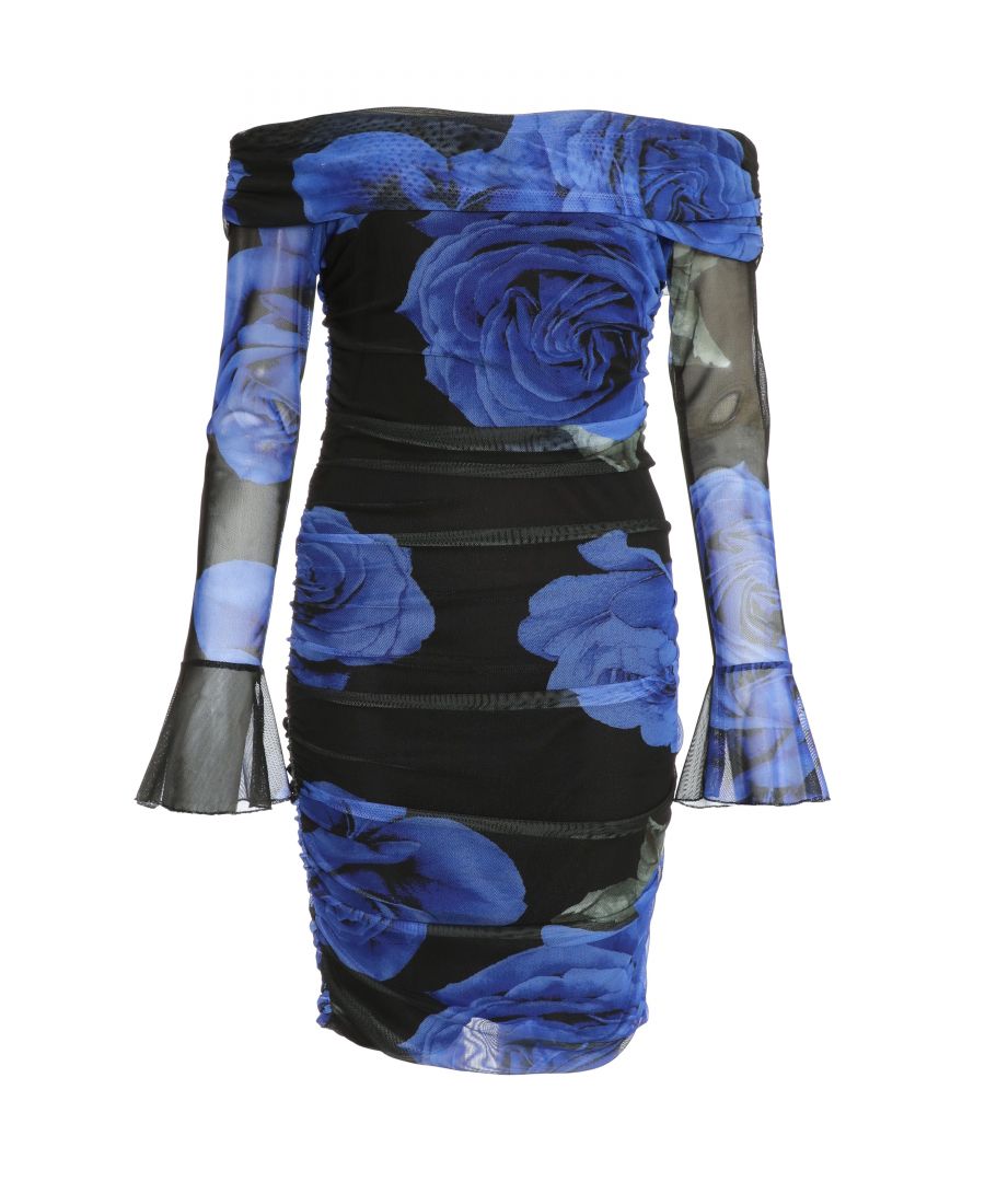 Quiz Womens Black Floral Mesh Bardot Bodycon Dress - Size 10 Uk
