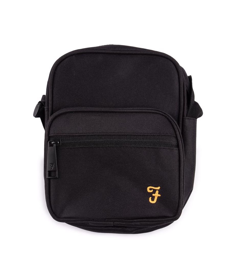 Mens black Farah crux cross body bag, manufactured with polyester. Featuring: top zip opening, front pocket, branded zip pulls, farah branding and adjustable shoulder strap.