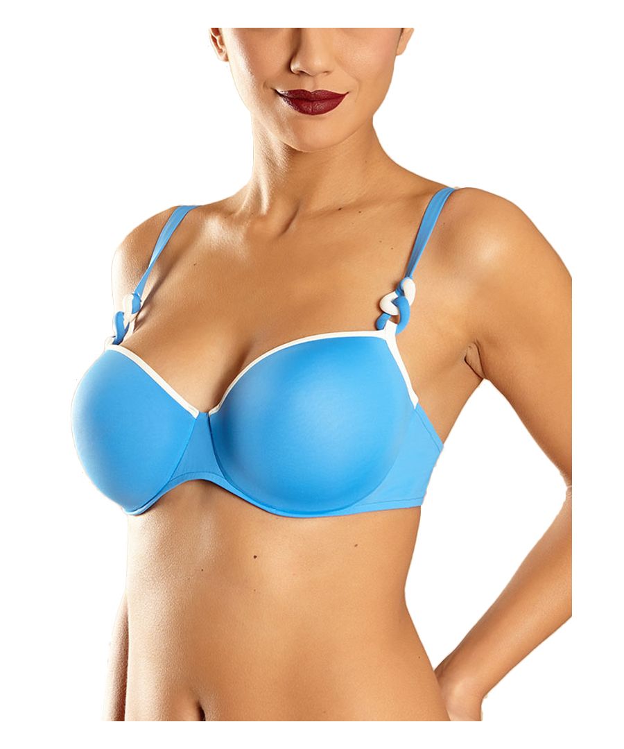 Chantelle Nevada features striking block colours and contrasting trims for a statement look by the beach or pool! This balcony bikini top features underwired, padded cups for a smooth, rounded shape and a flattering fit. Complete with adjustable multiway straps which can be worn conventionally or cross back, complete with stylish knot detailing for a sleek look. Fastened with a silver metal clasp at the back for a modern touch.