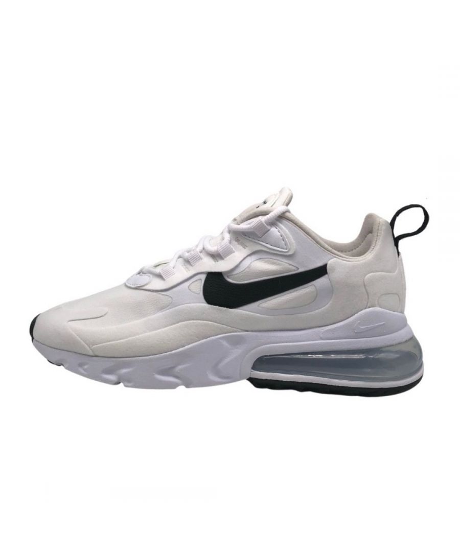 Nike Air Max 270 React Womens White Sneakers. Textile and Other Materials Upper, Rubber Sole. Style: CI3899 101. Air Cushioned. Lace Fasten Trainers. Branding On Side Of Shoe And Tongue
