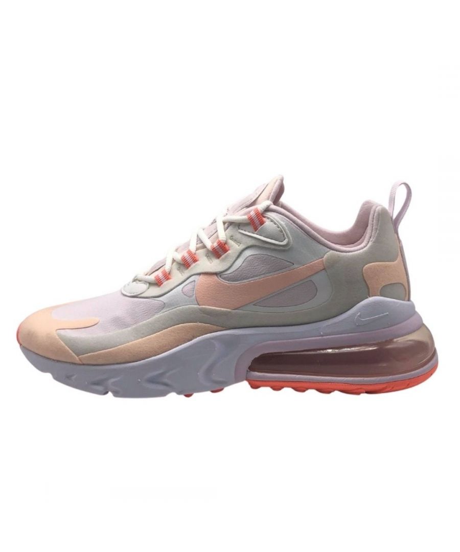 Nike Air Max 270 React Womens Summit White Sneakers. Textile and Other Materials Upper, Rubber Sole. Style: CJ0619 103. Air Cushioned. Lace Fasten Trainers. Branding On Side Of Shoe And Tongue