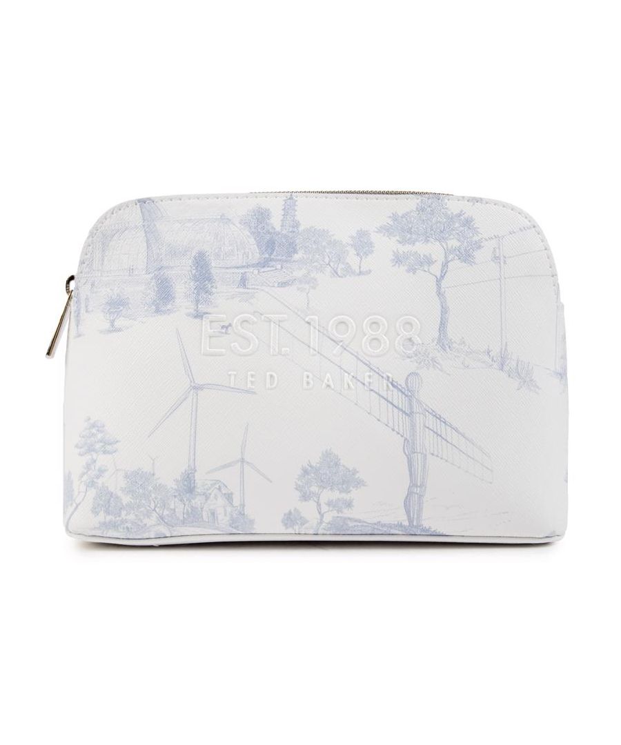Womens white Ted Baker kayiley cosmetic bag, manufactured with polyurethane. Featuring: zip closure, gold zip, allover pattern, ted branding and height 15cm x width 21cm x depth 7cm.