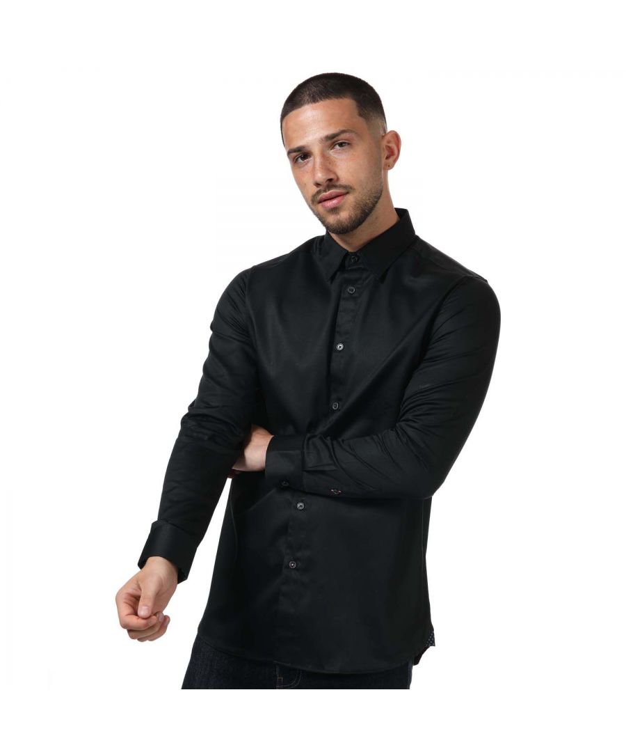 Mens Ted Baker Popcut Satin Stretch Shirt in black.- Turn down collar.- Full button placket.- Long sleeves with button cuffs.- Logo buttons.- Shaped hem.- Regular fit.- 98% Cotton  2% Elastane. Machine wash at 30 degrees.- Ref: 251849BLACK