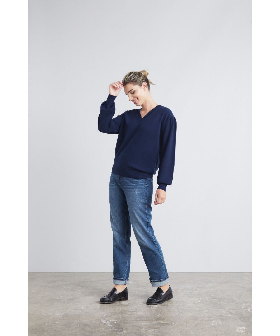 Suits everyone v neck sweater with an easier fit through the body, a deeper but not too deep, v neck, gently gathered shoulder and relaxed blouson sleeve. This sweater is softer than soft and makes your work to weekend dressing simple, easy and stylish.