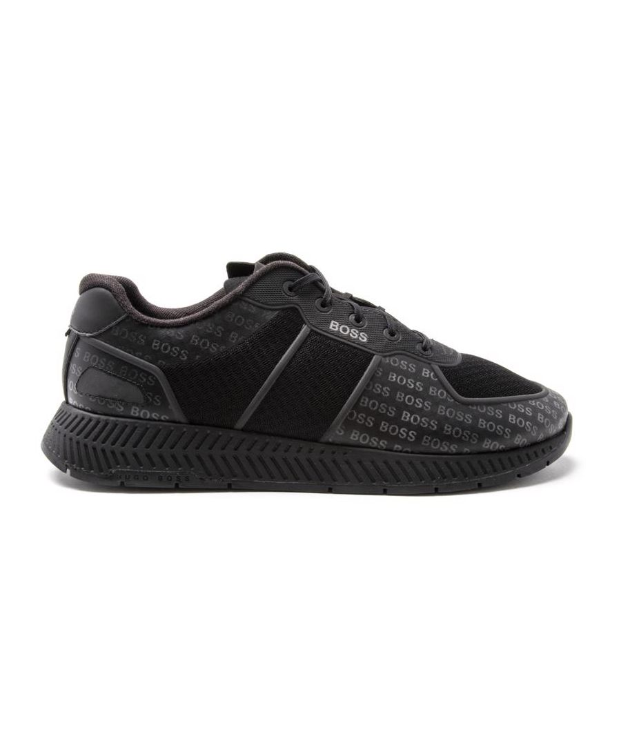 Men's Black Boss Titanium Runn Memllg Trainers With Repeat Branding Detail On A Breathable Mesh Synthetic Upper. These Lightweight, Performance Sneakers Have A Branded Quarter And Tongue And A Comfort Eva Rubber Sole.