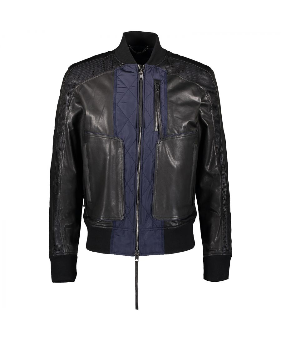 100% Lamb Skin Leather. Blue Down Sides Of Zips. Long Leather Zip Pulls. 3 Pockets. 100% Polyester Lining and contrast