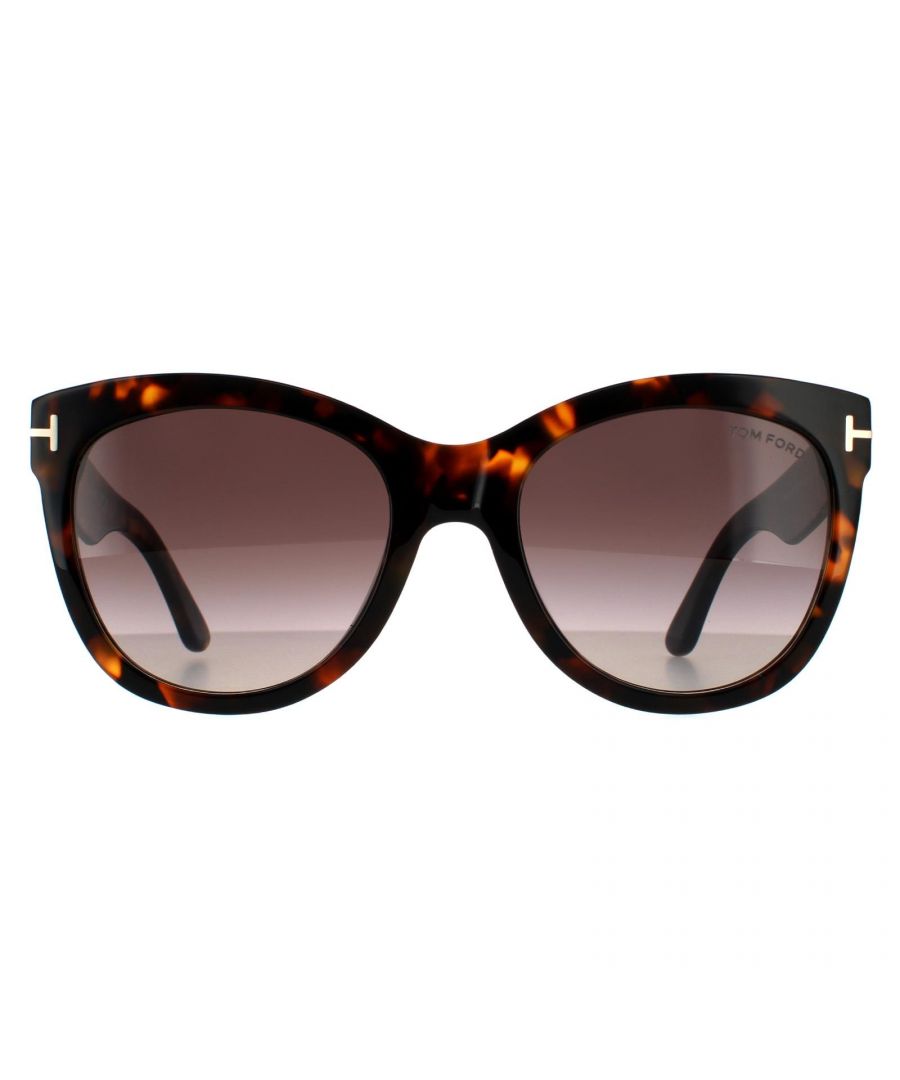 Tom Ford Butterfly Womens Shiny Dark Havana Bordeaux Gradient  Wallace FT0870 are a cat eye shape crafted from lightweight acetate. Thick temples feature the iconic T bar Tom Ford signature to complete these glamorous and striking Tom Ford sunglasses.