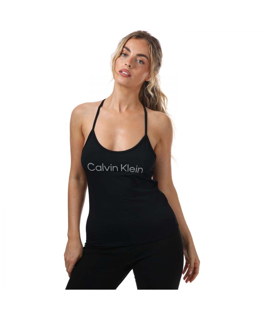 Womens Calvin Klein Logo Tank Gym Top in black.- Scoop neckline.- Sleeveless.- Calvin Klein reflective logo on the front and side.- Racer back.- Breathable mesh back inset.- Body: 88% Polyester  12% Elastane. - Ref: 00GWS2K177BAE