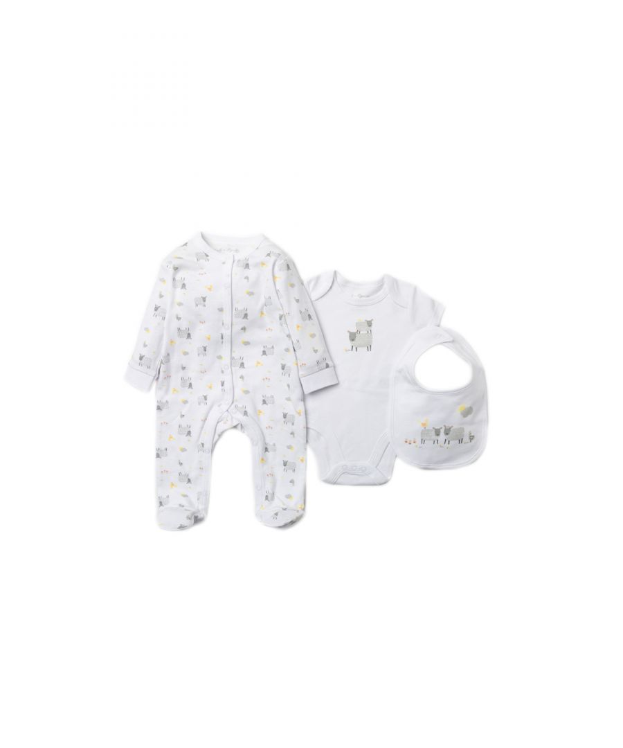 This Rock a Bye Baby Boutique three-piece set features an adorable sheep-themed print on each item. The set includes a printed sleepsuit, bodysuit, and a matching print bib. Each item in the set is cotton with popper fastenings, keeping your little one comfortable. This set is the perfect gift set for the little one in your life.