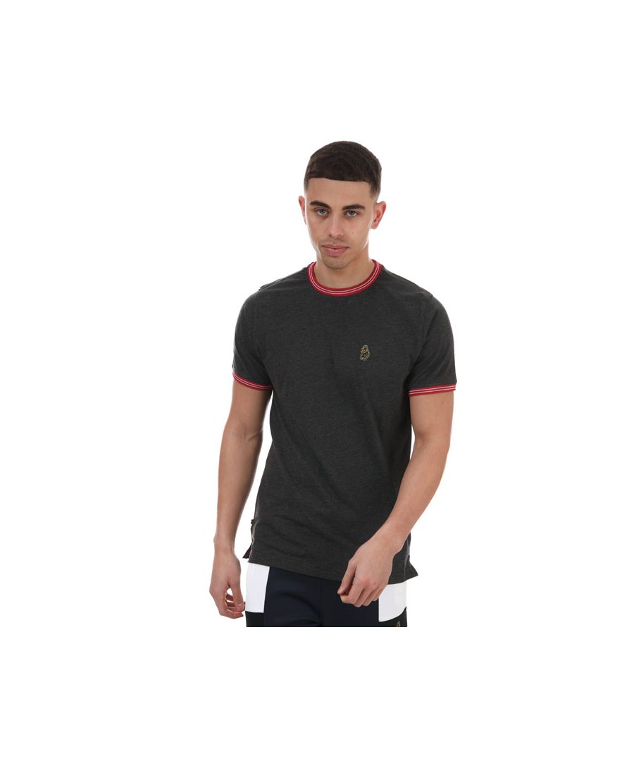 Mens Luke 1977 Looper Tipped Crew T- Shirt in charcoal marl.- Crew neck.- Short sleeves.- Contrast tipping on collar and cuffs.- Iconic LUKE BLACK  GOLD  RED lion head embroidery.- Iconic LUKE tri-colour trim tape.- Straight split hem.- 100% Cotton. - Ref: M440106CR