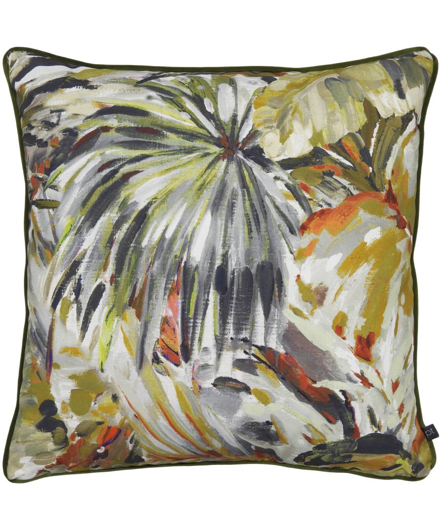 Prestigious Textiles Palmyra Abstract Tropical Piped Feather Filled Cushion - Green Cotton - One Size
