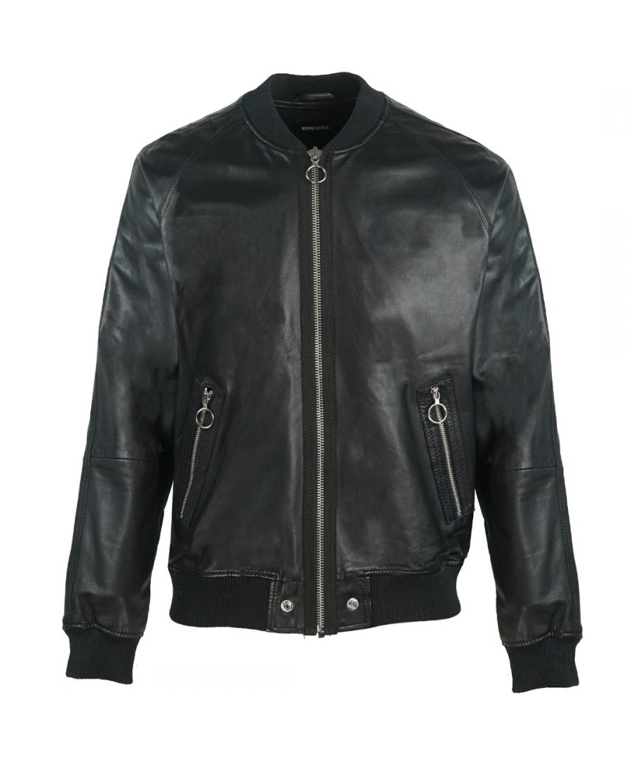 Diesel L-Pins Black Leather Bomber Jacket. Diesel L-Pins 900 Black Leather Bomber Jacket. Central Zip Closure. 2 Zip Closure Front Pockets. Regular Fit, Fits True To Size. 100% Sheepskin Leather