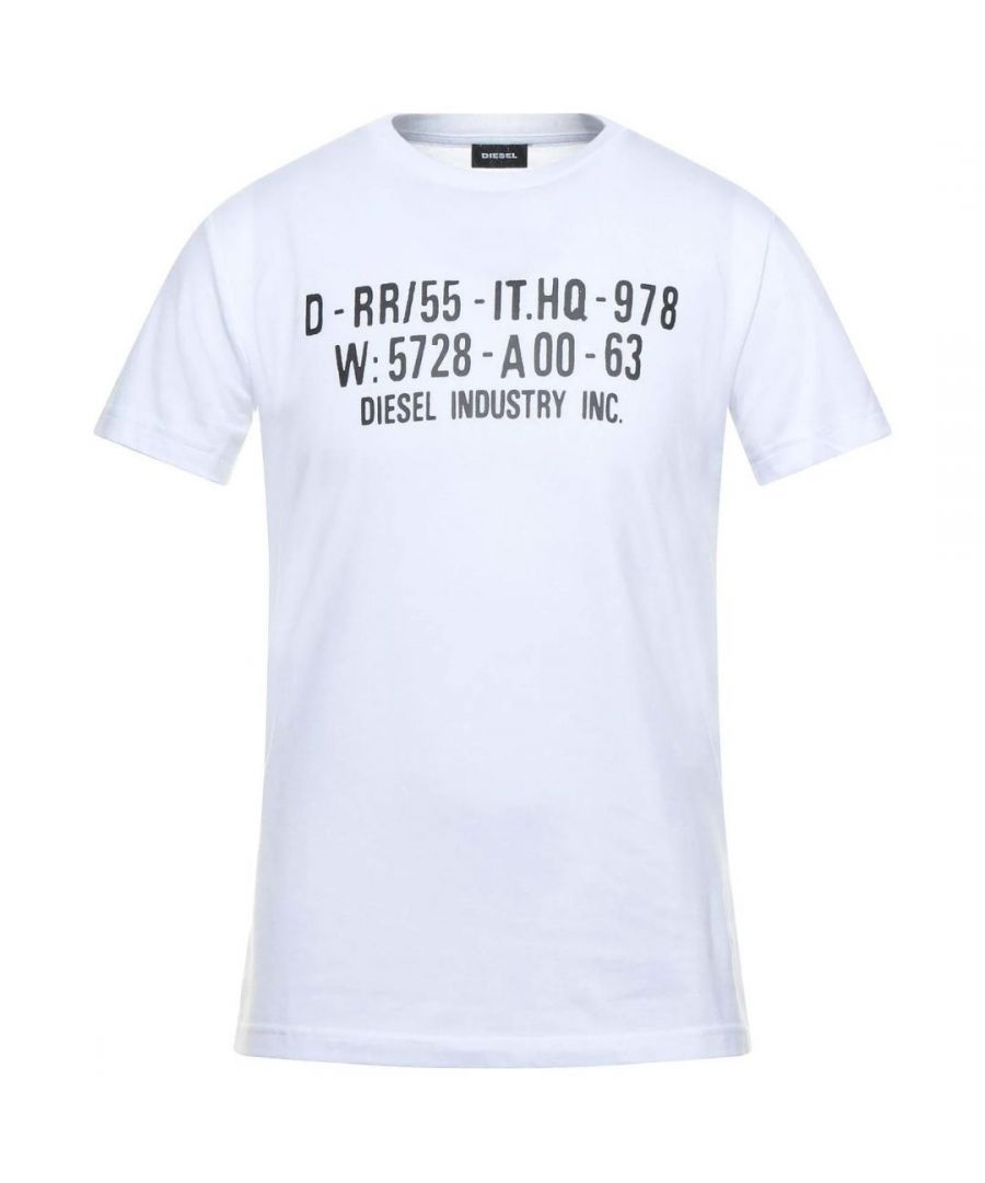 Mens Diesel T-Diego S2 T-Shirt in white.- Ribbed crew neck.- Short sleeves.- Diesel graphic printed to chest.- Tonal back neck tape.- Soft and comfortable cotton jersey fabric.- 100% Cotton.  Machine washable.- Ref: 00SEG9-0091A-100