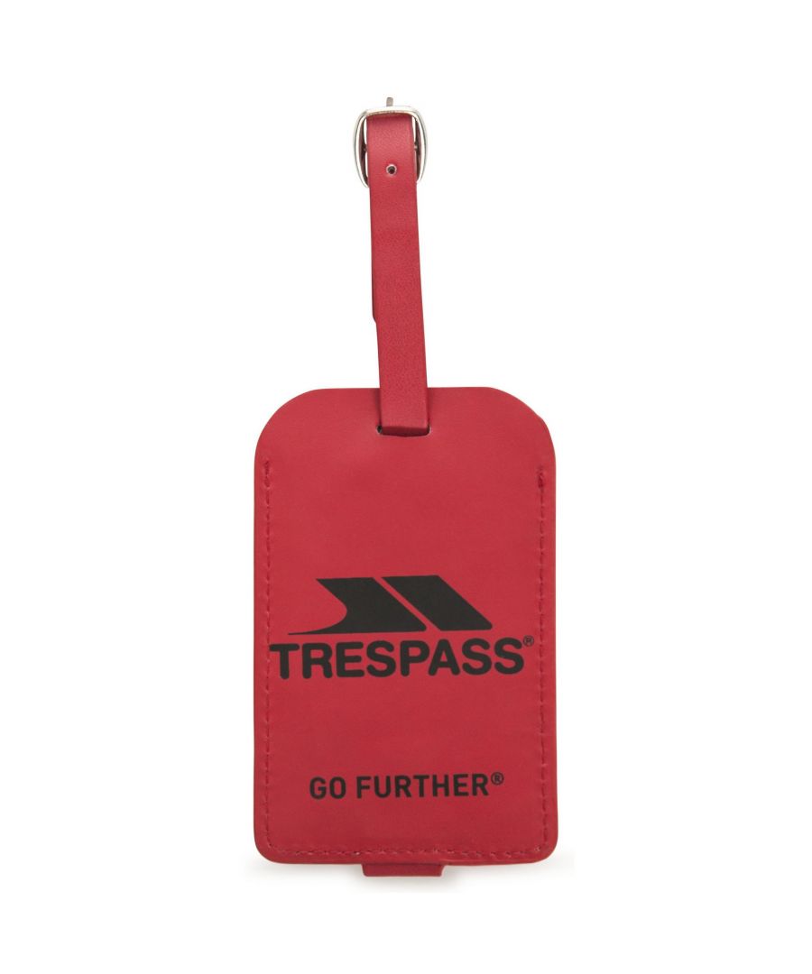PU leather tag with printed logo. Name, address and contact panel. Security flap. Metal popper closure. Buckled strap. Display sleeve.