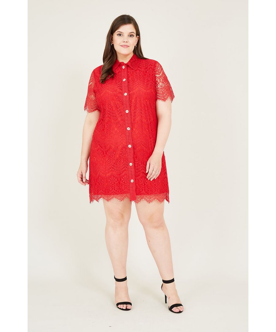 Retro meets modern style when you step into our Lace Shirt Dress from our Plus Size collection. In a relaxed shift shape, this versatile dress features an intricate lace overlay with a scallop hemline and sleeves. The dainty buttons running down the centre offer a sophisticated twist, while the striking colour allows you to wear it to any event. For a party, team with strappy heels.