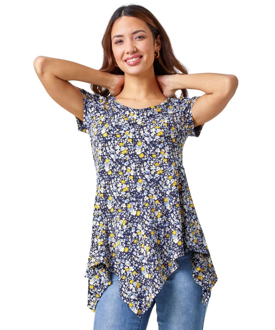 Roman Womens Textured Floral Hanky Hem Tunic Top - Blue - Size 18 UK - Secret Sales
