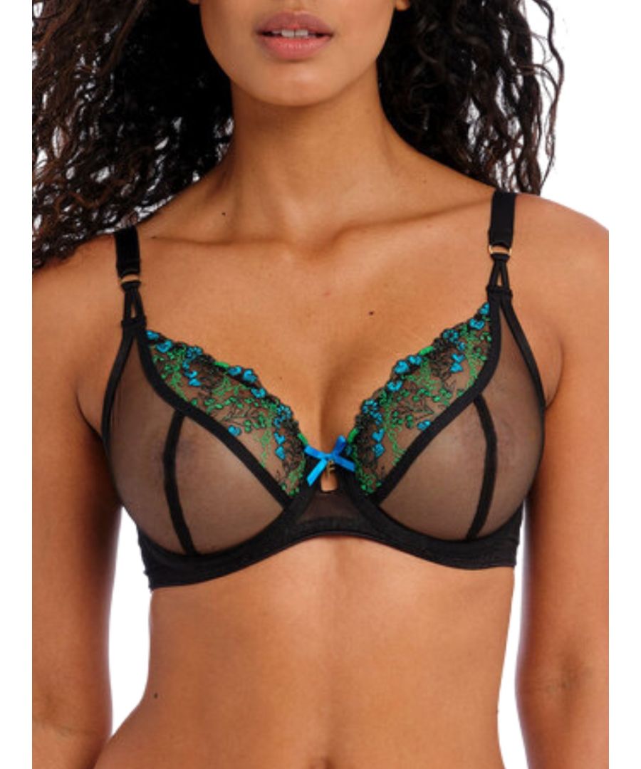 Freya Show-off Plunge Bra. With a plunge neckline, sheer cups and embroidery. Product is made of 32% Nylon/Polyamide, 15% Elastane, 53% Polyester and is recommended hand-wash only.