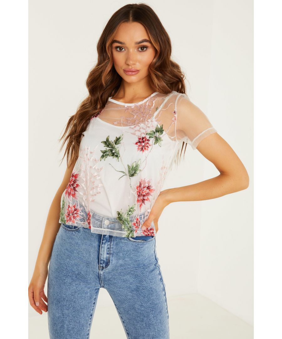 Image for White Mesh Embroidered Short Top