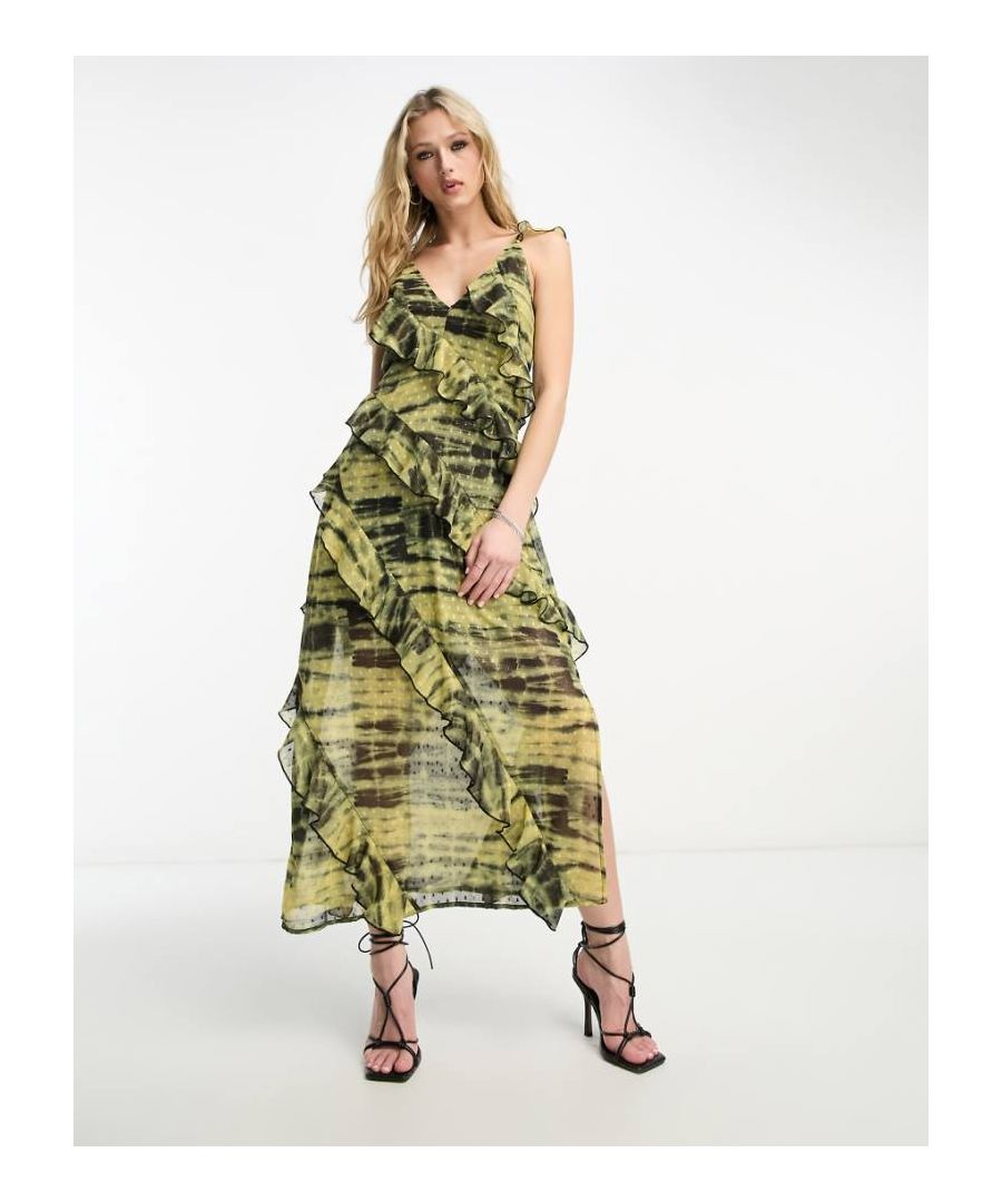 Asos Design Womens Asymmetric Frill Detail Midi Slip Dress In Tie Dye Dobby Print - Green - Size 8 Uk